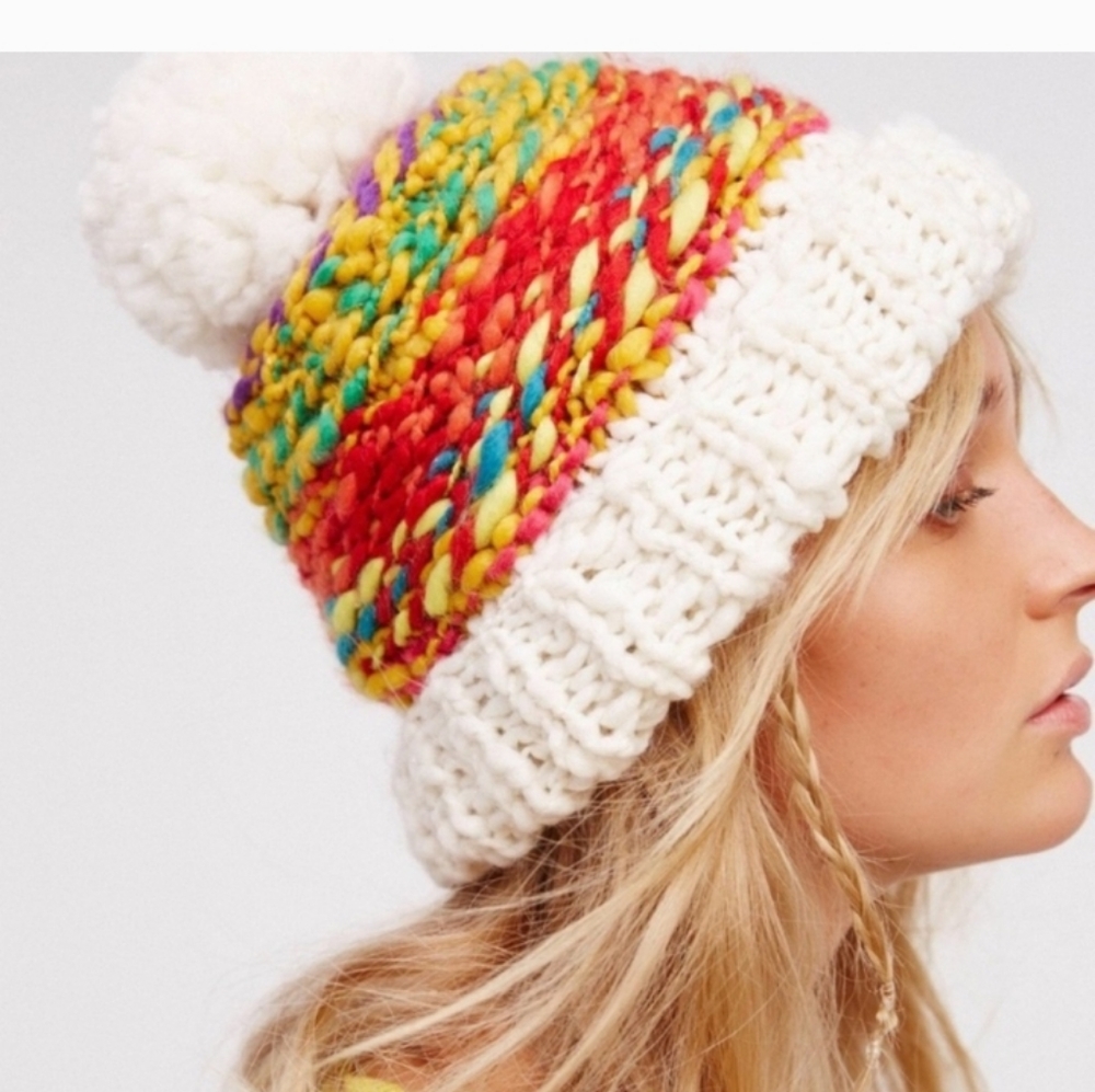 Free People rainbow knit pom hat